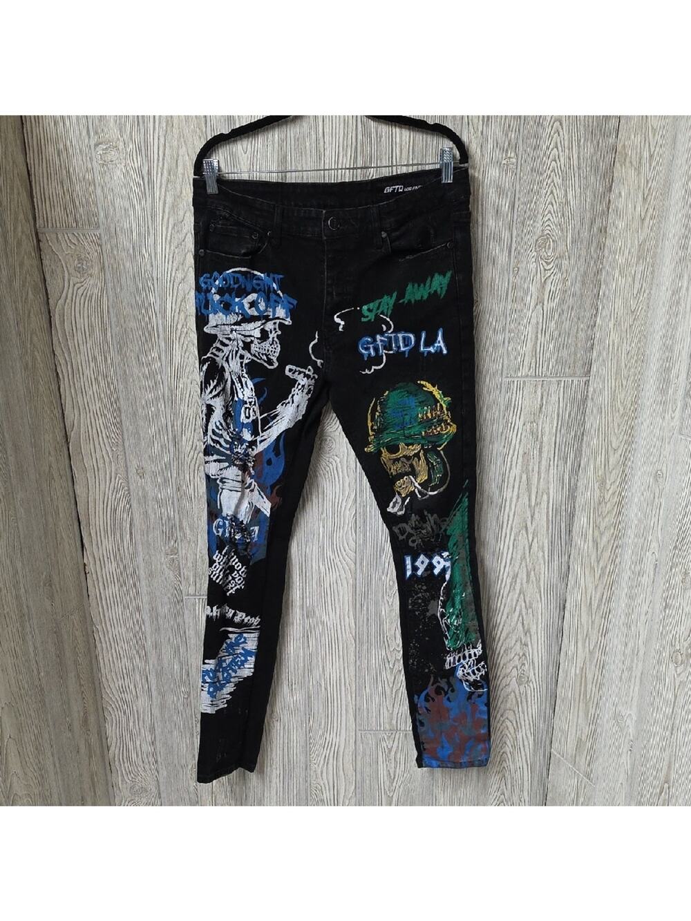 GFTD LA  Black SED Skinny Fit Graphic Distressed Skull Paint Jeans Mens 34